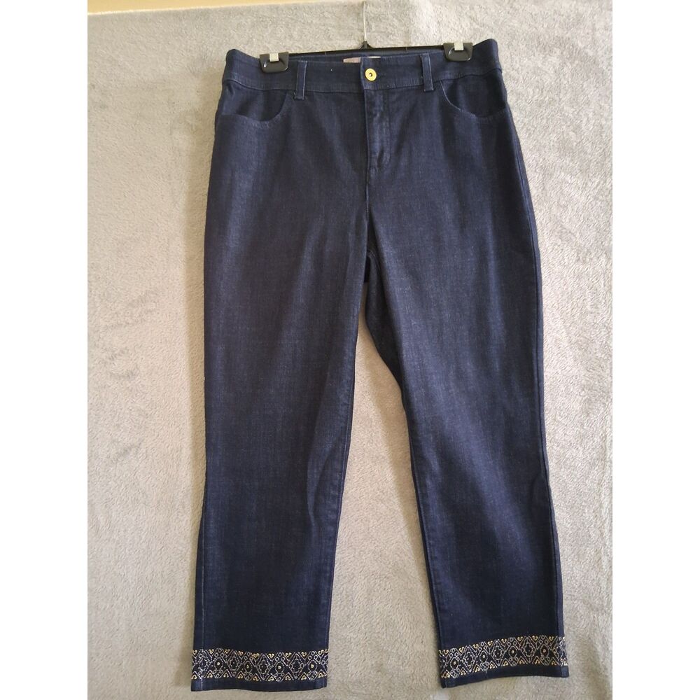 Chicos Sz 10 Ankle Crop Jeans‎ Fabulously Slimming Dark Wash Embroidered Ankle
